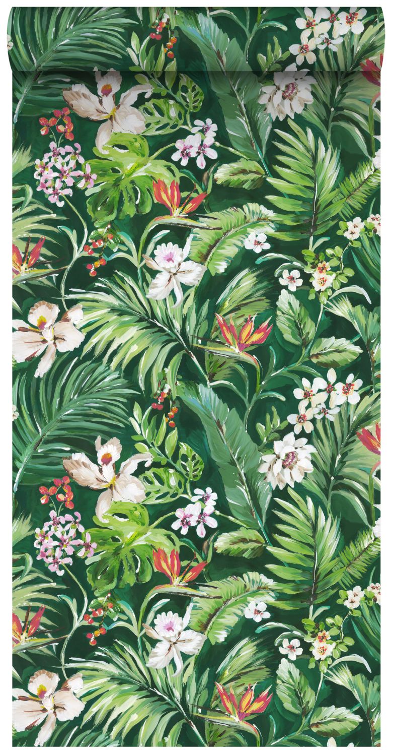 ESTAhome XXL behang tropische bladeren en bloemen emerald groen - 50 x