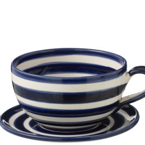 J-Line kopje + schoteltje Granada Stripes – keramiek – wit/blauw