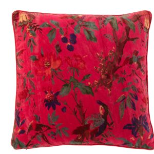 J-Line kussen Vogels Bloemen – katoen/fluweel – roze