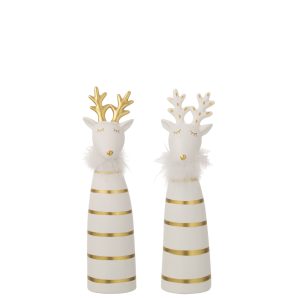 J-Line decoratie Eland – keramiek – goud/wit – small – 2 stuks