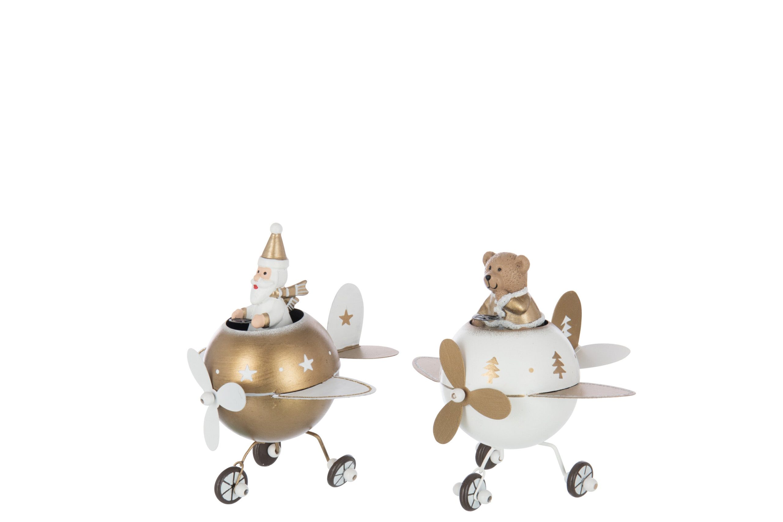J-Line decoratie Beer + Kerstman In Vliegtuig - metaal - wit/goud - la