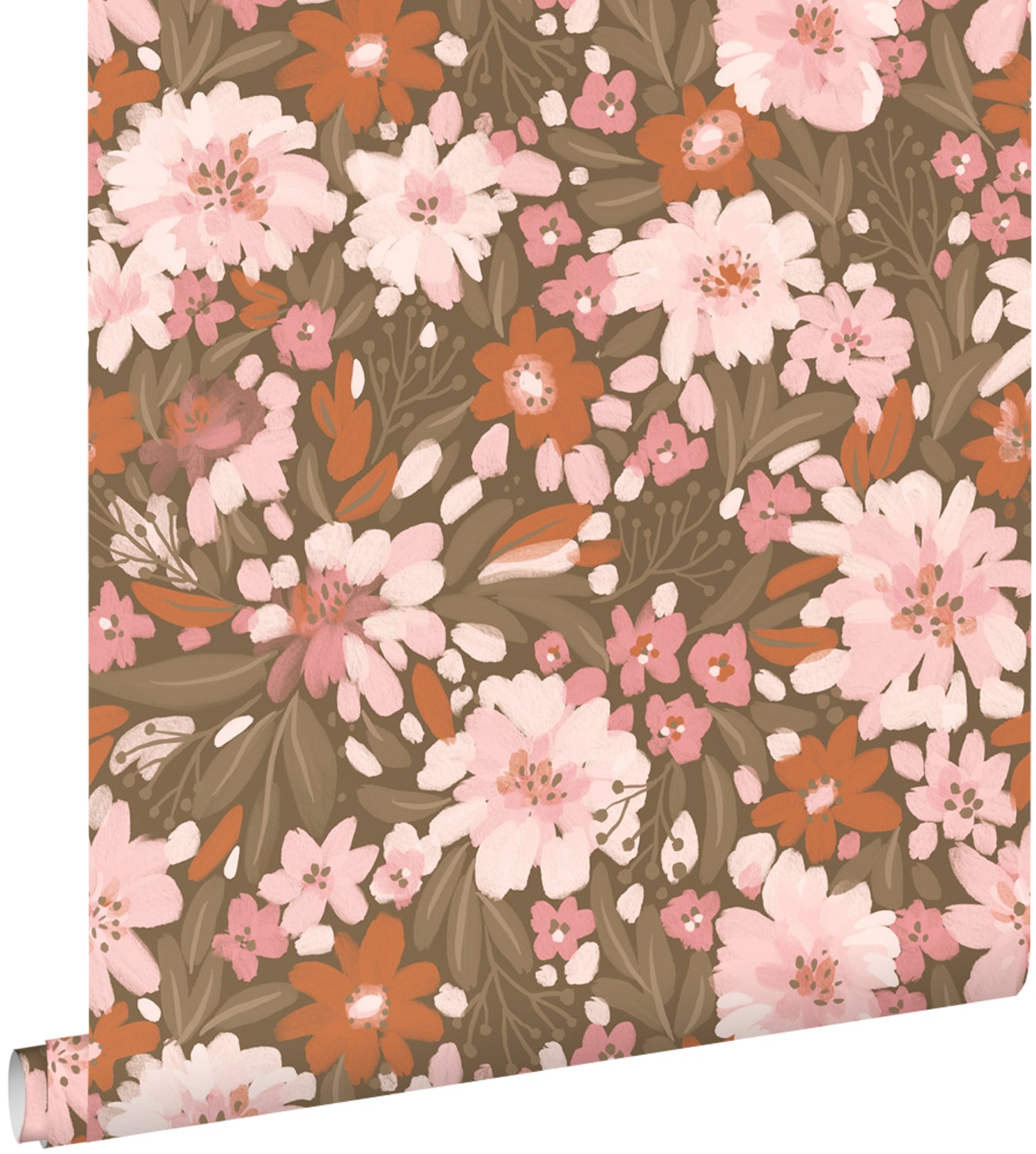 ESTAhome behang bloemen licht roze, terracotta en vergrijsd groen - 50
