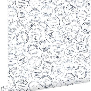 ESTAhome behang Australische stempels donkerblauw en wit – 53 cm x 10.