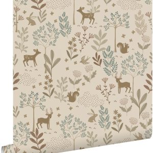 ESTAhome behang bos met bosdieren beige en groen – 53 cm x 10.05 m – 1 ESTAhome behang bos met bosdieren beige en groen – 53 cm x 10.05 m – 1