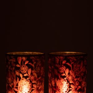 J-Line windlicht Bloemen – glas – paars/zilver – large – 2 stuks