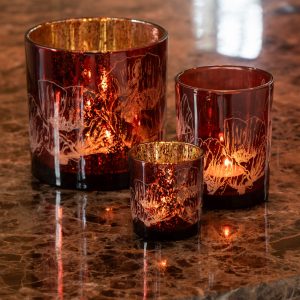 J-Line windlicht Bloemen – glas – bordeaux – small – 2 stuks