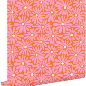 ESTAhome behang madeliefjes roze, oranje en geel – 50 x 900 cm – 13181