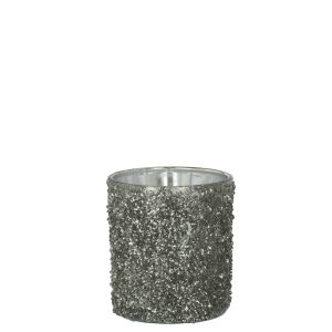 J-Line windlicht Glitter – glas – grijs – medium – 2 stuks