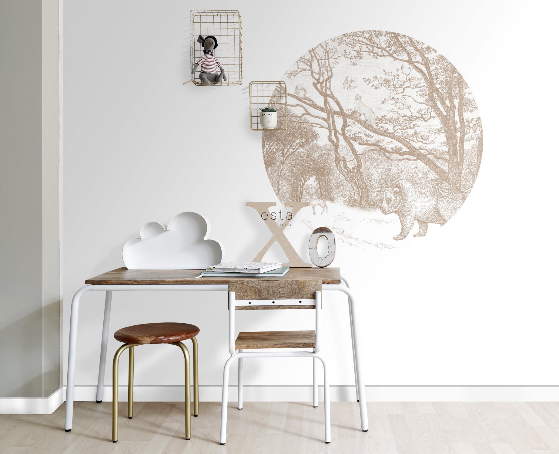 ESTAhome zelfklevende behangcirkel bos met bosdieren beige - Ø 70 cm -
