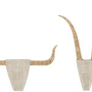 J-Line wanddecoratie Stier – hout/riet – wit/naturel – 2 stuks