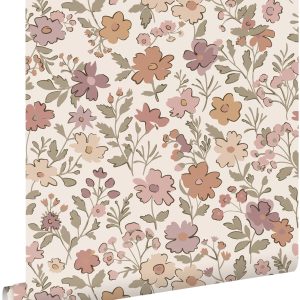ESTAhome behang bloemetjes mauve paars, vergrijsd groen en terracotta