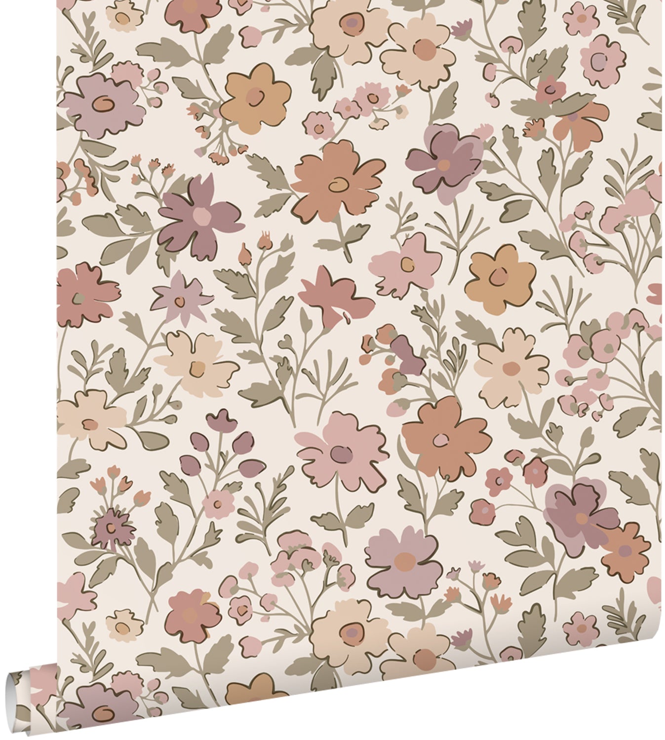 ESTAhome behang bloemetjes mauve paars, vergrijsd groen en terracotta