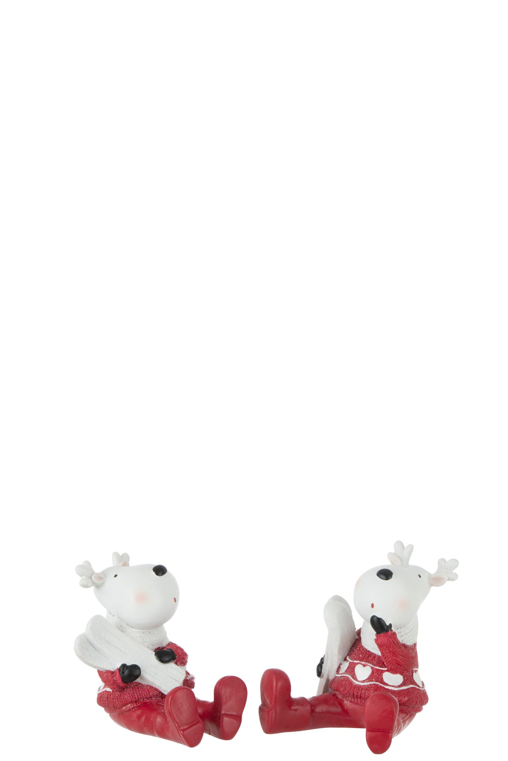J-Line kerstfiguur Rendier Zittend - polyresin - wit/rood - 2 stuks