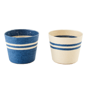 J-Line bloempot Gestreept – papier – wit/blauw – small – set van 2