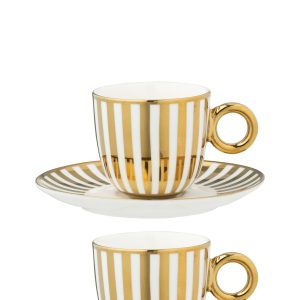 J-Line kopje + schoteltje Gestreept – porselein – goud/wit – large – d