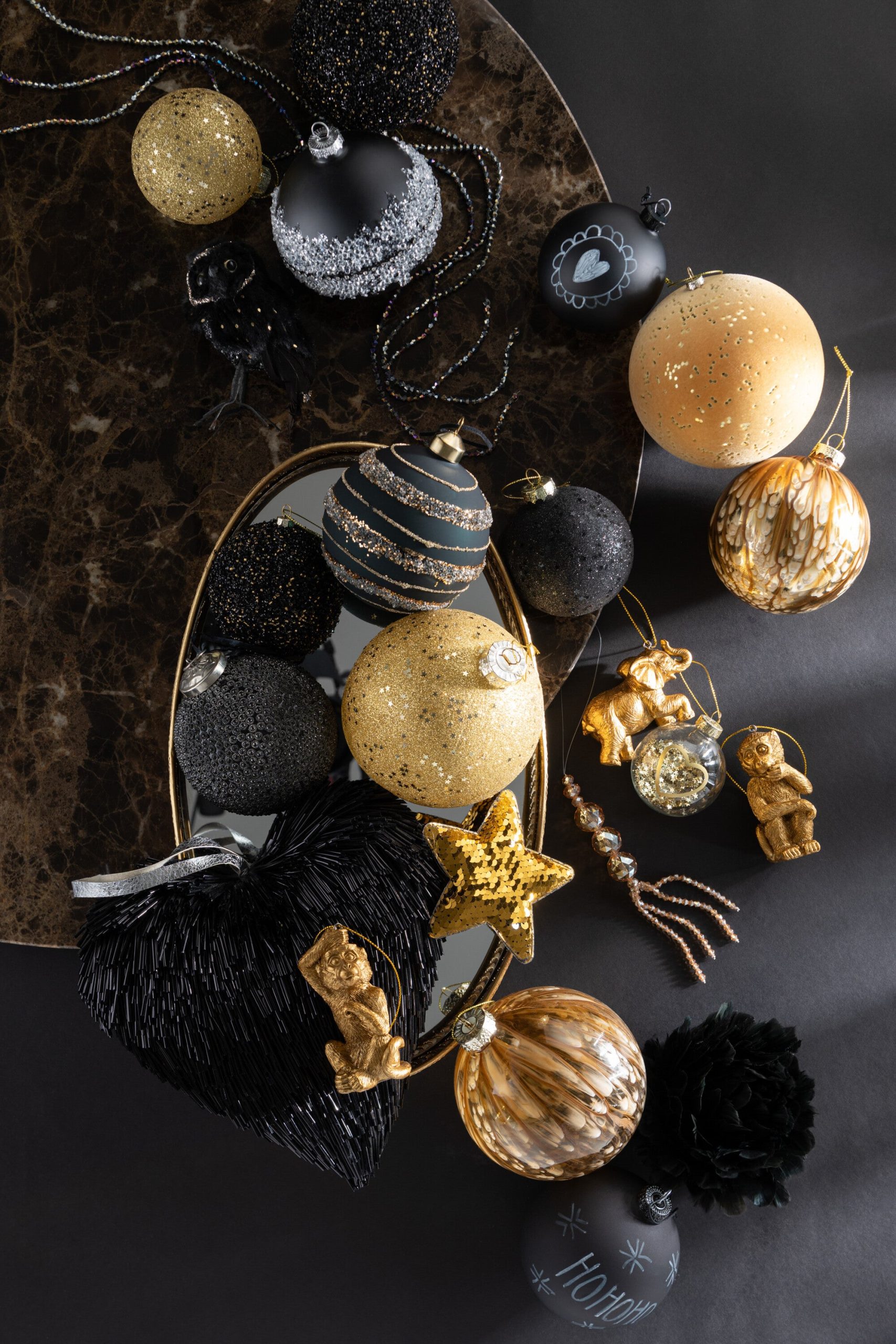 J-Line kerstbal Glitter - kunststof - zwart/goud - small - 6 stuks
