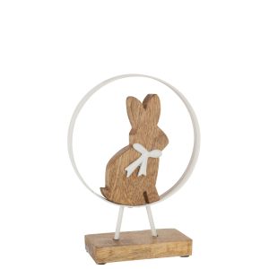 J-Line decoratie Konijn Strik In Rond – hout/ijzer – wit/naturel – sma