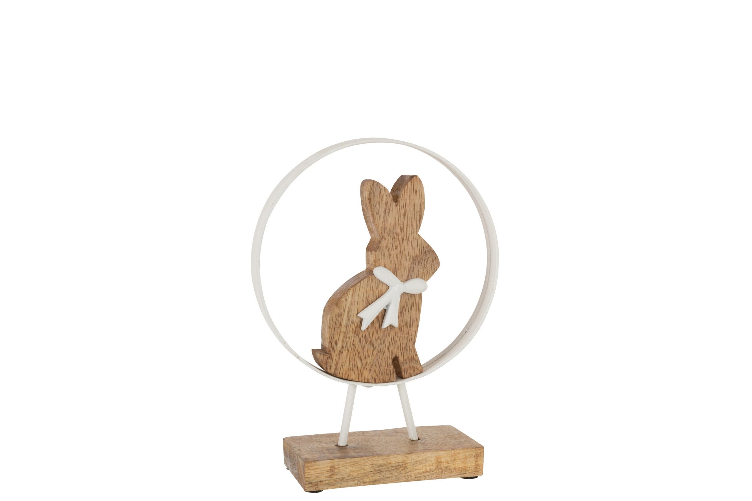 J-Line decoratie Konijn Strik In Rond - hout/ijzer - wit/naturel - sma