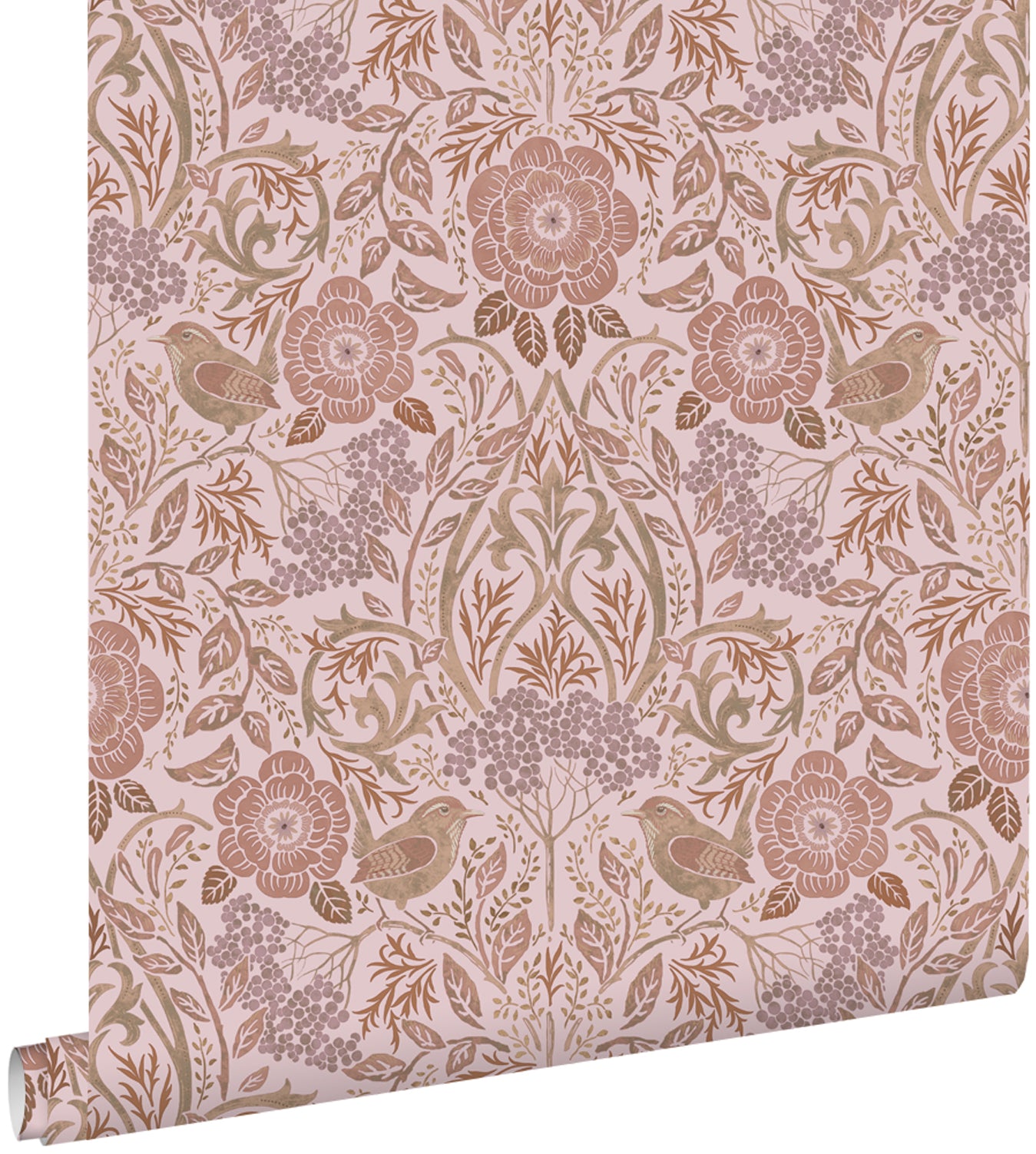 ESTAhome behang bloemen en vogels lila paars en terracotta roze - 53 c