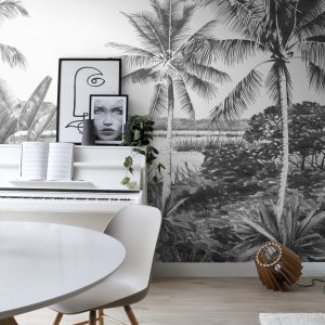 ESTAhome fotobehang tropisch landschap met palmbomen zwart wit – 418.5 ESTAhome fotobehang tropisch landschap met palmbomen zwart wit – 418.5