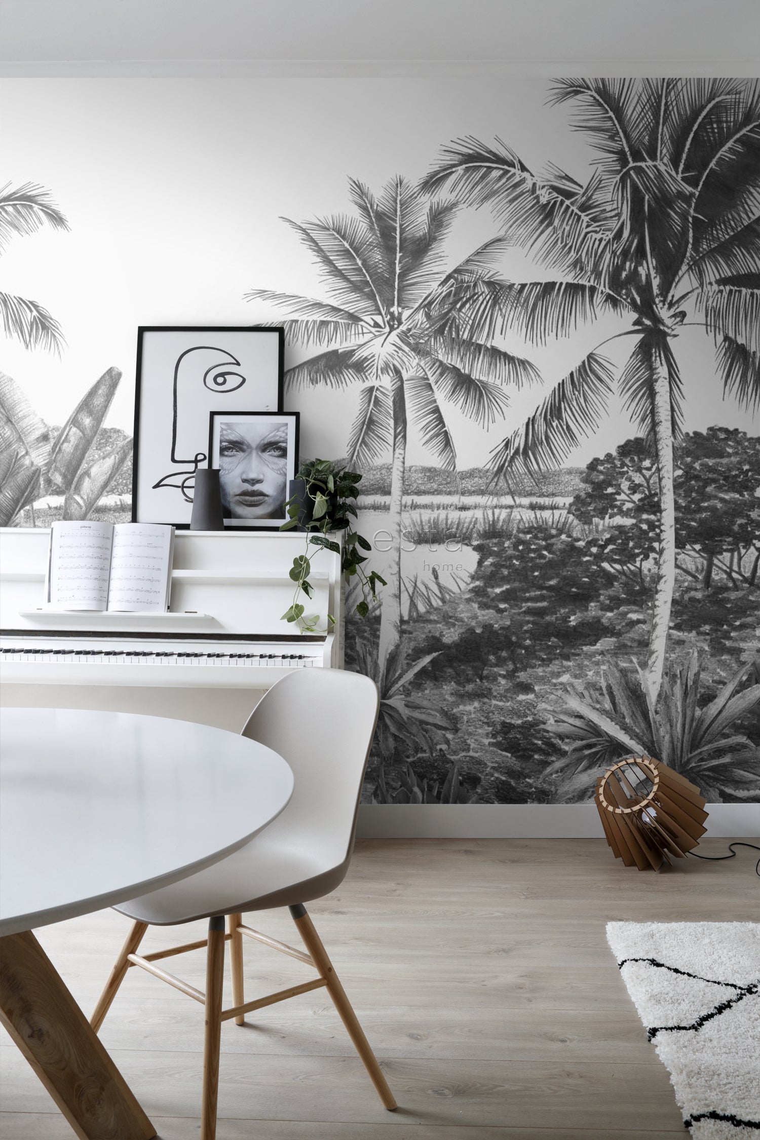 ESTAhome fotobehang tropisch landschap met palmbomen zwart wit - 418.5
