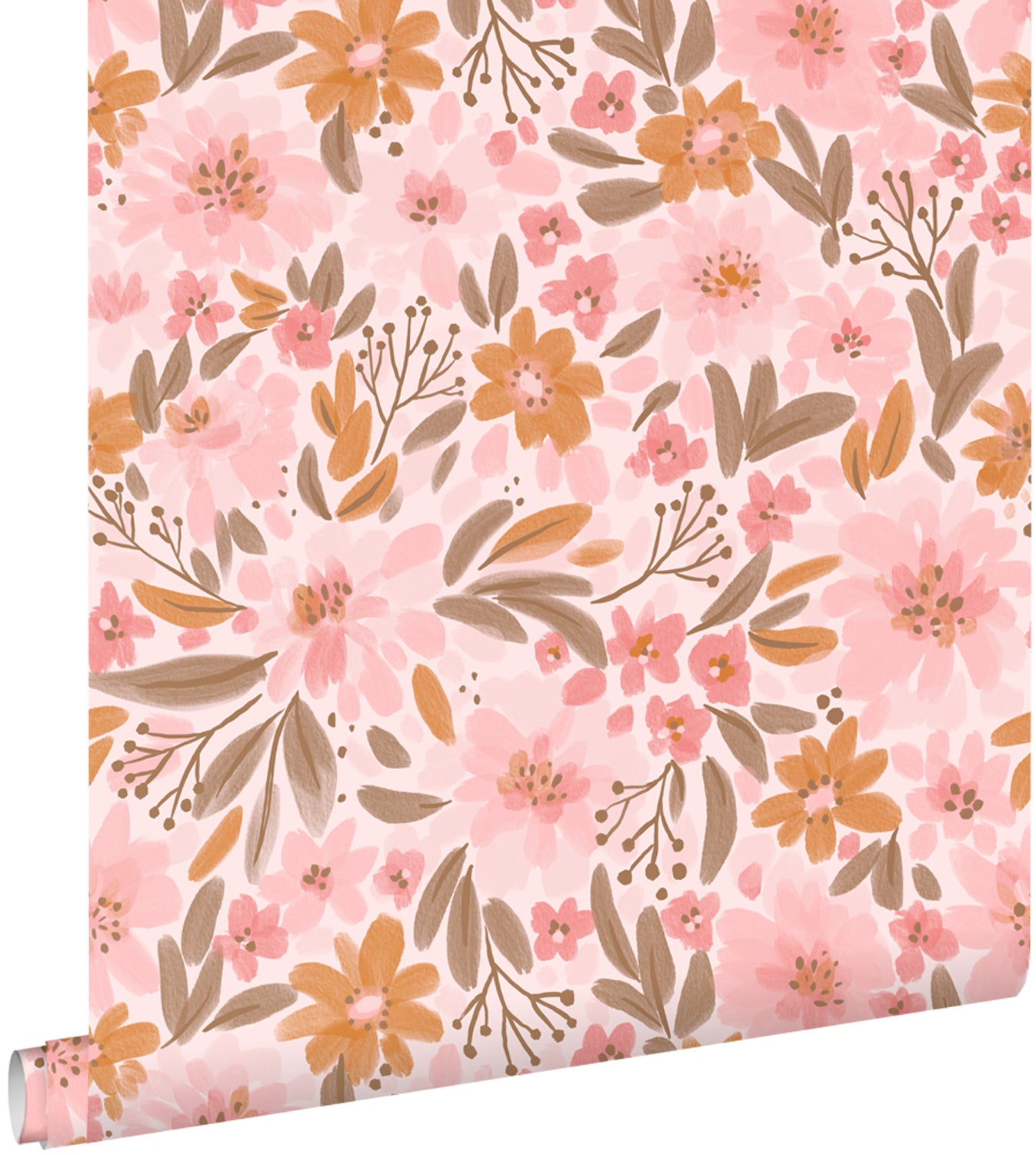 ESTAhome behang bloemen roze, oranje en vergrijsd groen - 50 x 900 cm