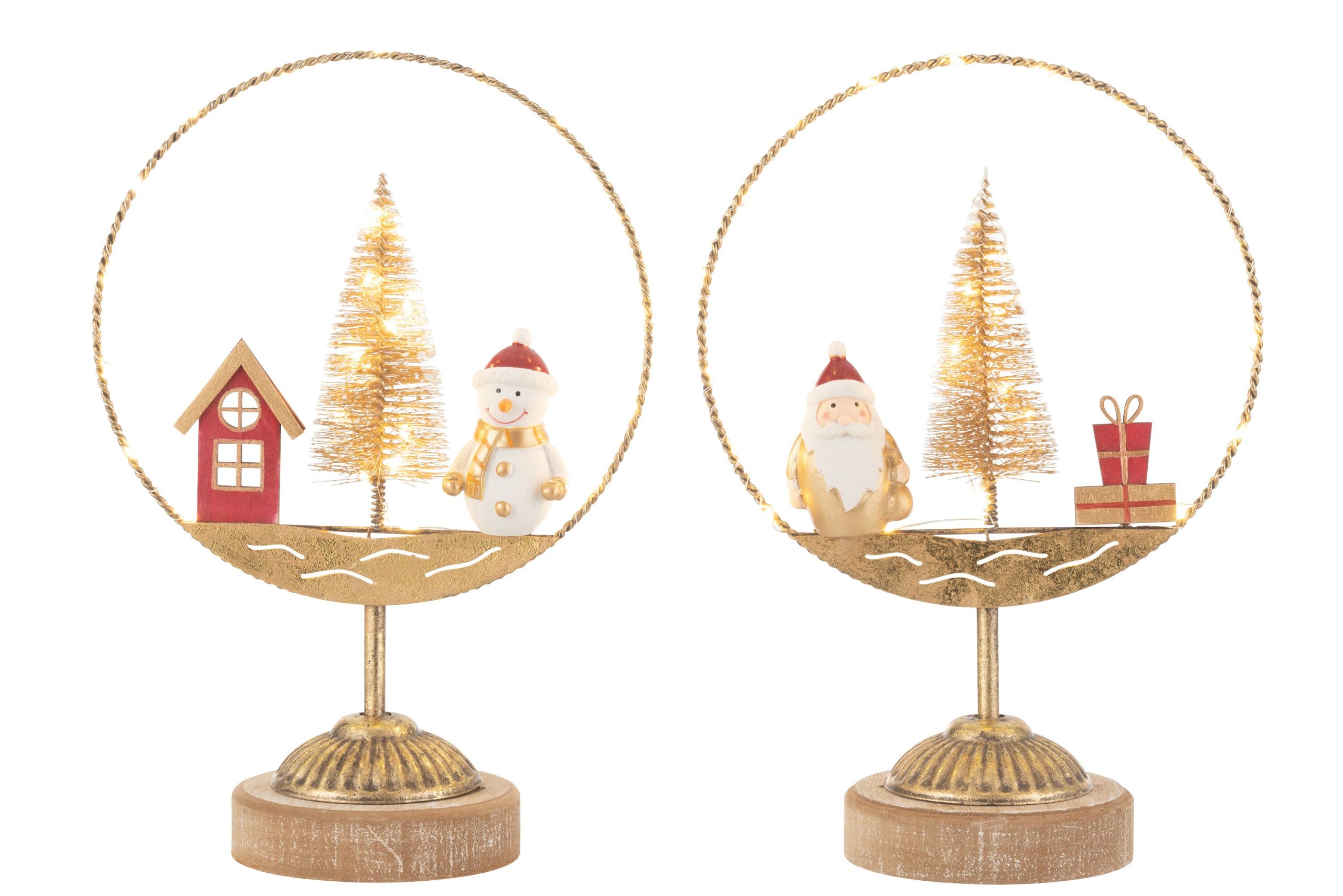 J-Line decoratie Cirkel Kestman/Sneeuwman - goud/roest - 2 stuks - LED