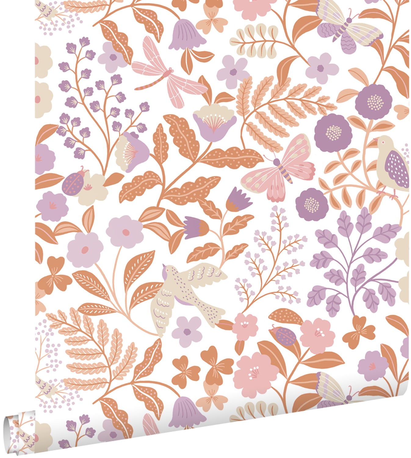 ESTAhome behang bloemen en vogels lila paars en terracotta - 53 cm x 1