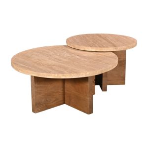 Giga Meubel Salontafel Leno Rond – Travertin/Hout – Naturel – Set van