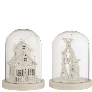 J-Line Decoratieve stolp Winter – hout/glas – wit – 2 st. – LED lichtj