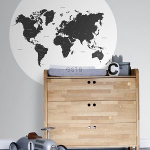 ESTAhome zelfklevende behangcirkel wereldkaart zwart wit – Ø 140 cm –