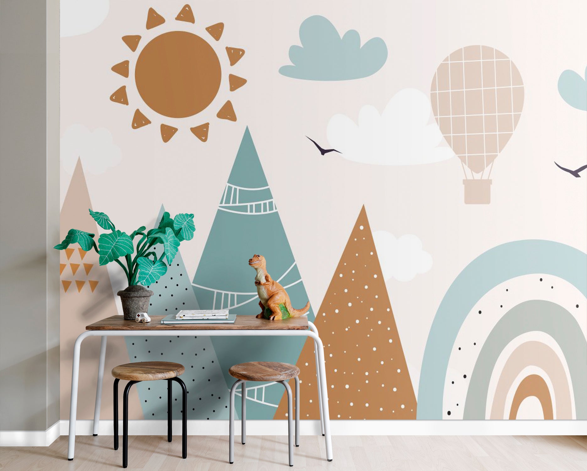 ESTAhome fotobehang bergen vergrijsd blauw en warm oranje - 300 x 279