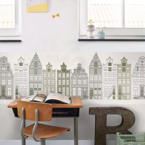 ESTAhome XXL behangrand Amsterdamse huizen legergroen – 430 x 50 cm –