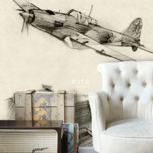 ESTAhome fotobehang getekende vliegtuigen beige en grijs – 186 x 279 c ESTAhome fotobehang getekende vliegtuigen beige en grijs – 186 x 279 c