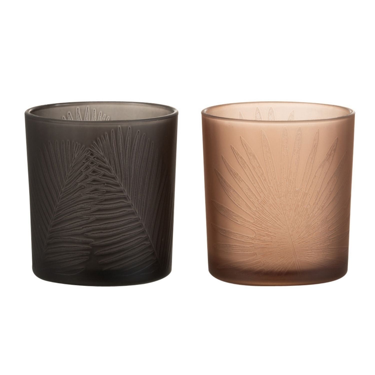 J-Line windlicht Blad - glas - zwart/bruin - 2 stuks