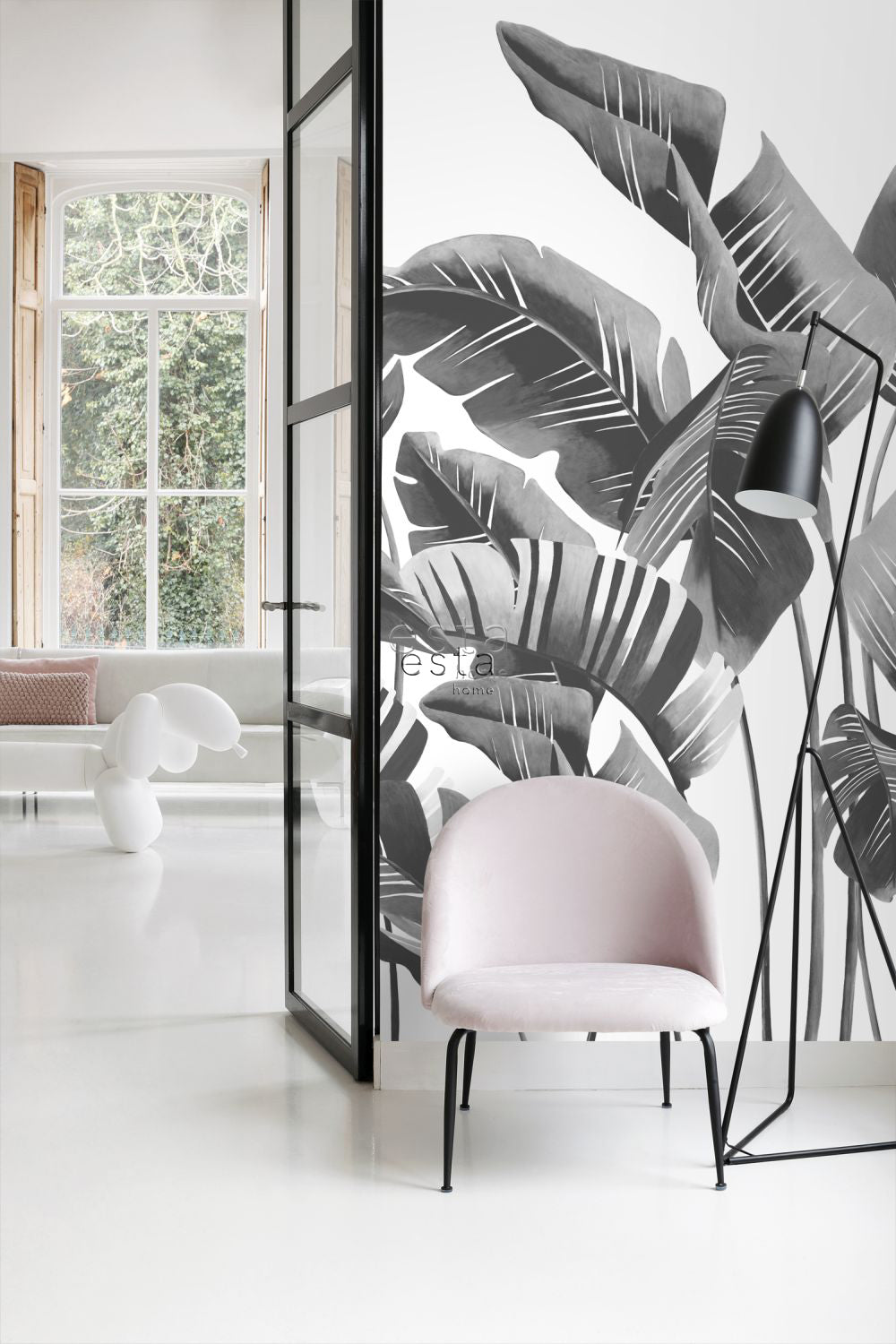 ESTAhome fotobehang grote bananenbladeren zwart wit - 200 x 279 cm - 1