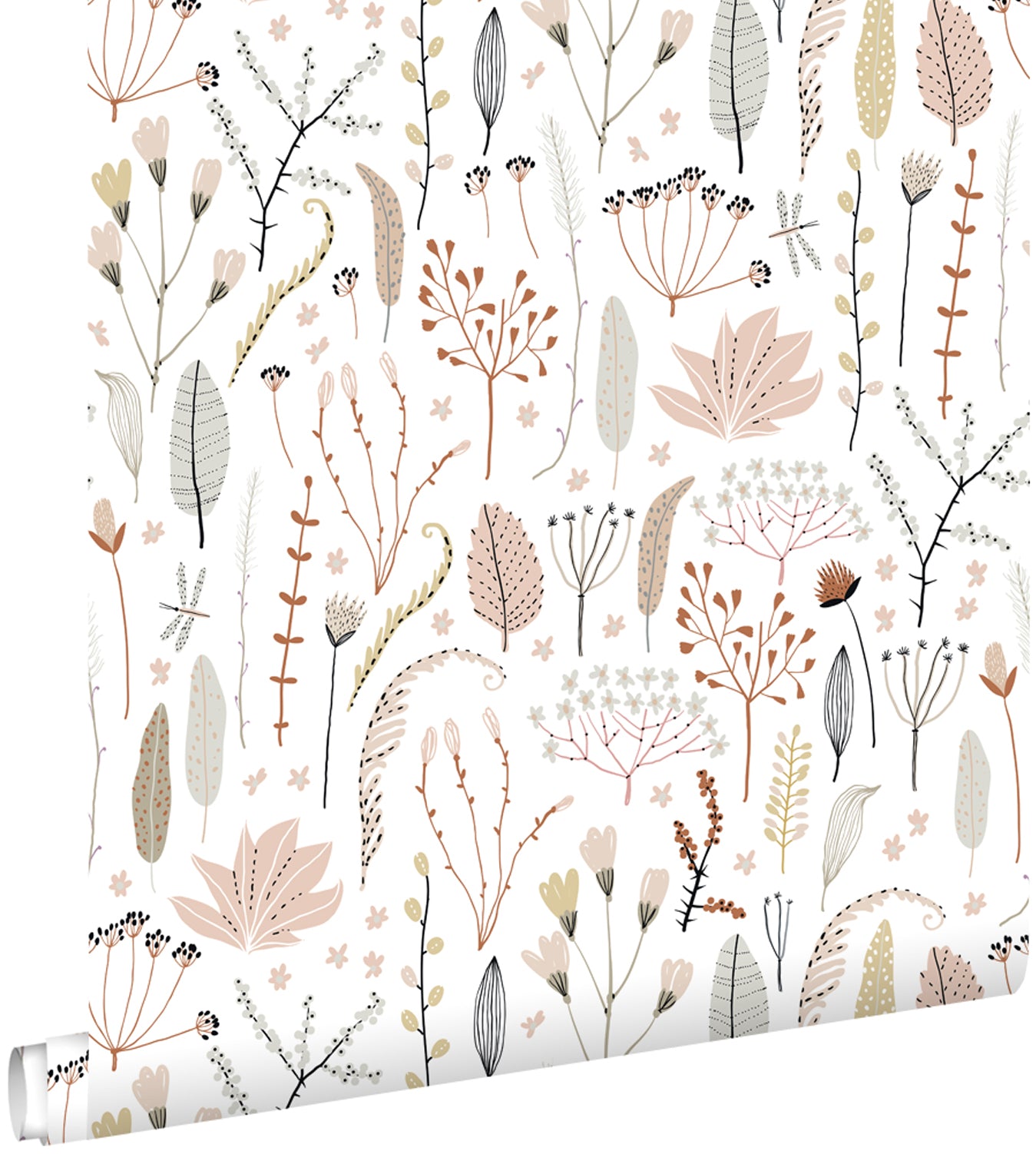 ESTAhome behang veldbloemen zacht roze, grijs en terracotta - 53 cm x