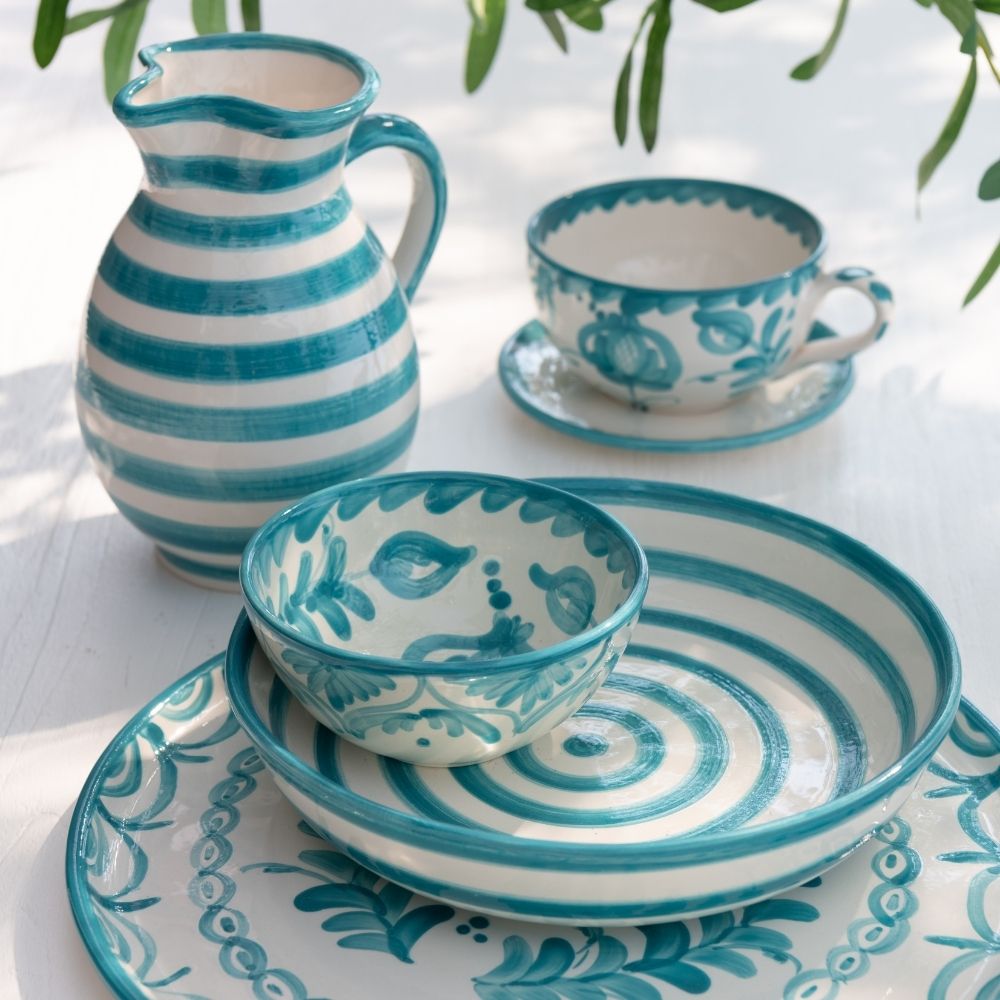 J-Line schaal Granada Stripes Low - keramiek - wit/aqua - large - Ø 25
