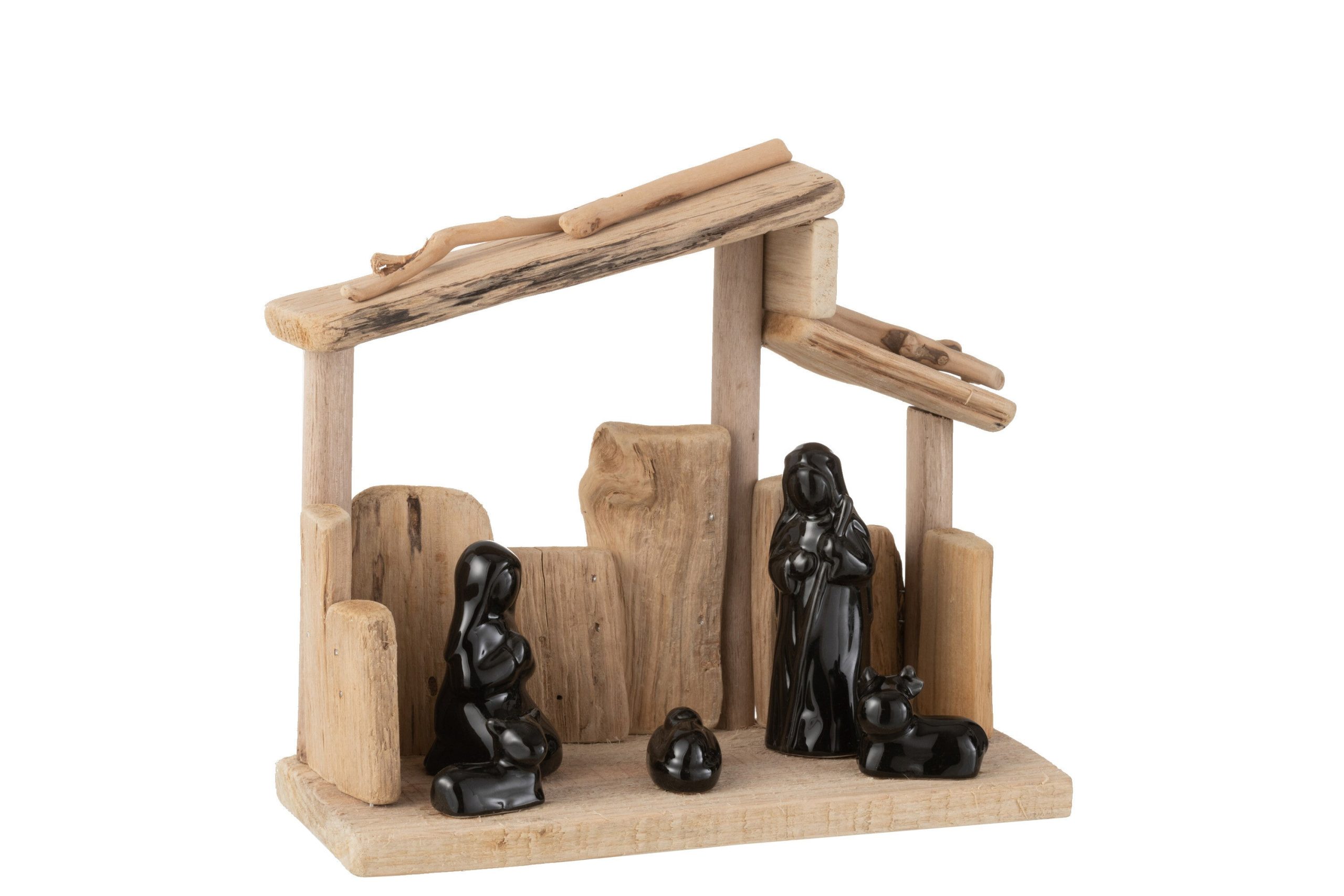 J-Line decoratie Kerststal Schuine Daken - hout/keramiek - naturel/zwa