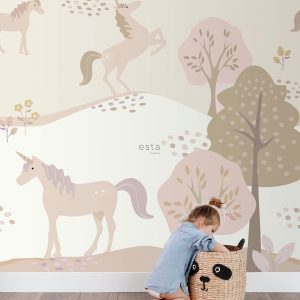 ESTAhome fotobehang unicorns beige en zacht roze – 200 x 279 cm – 1592