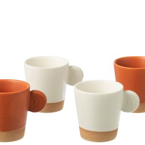 J-Line kopje Met Oor + Bamboubasis – keramiek – wit/oranje – doos van