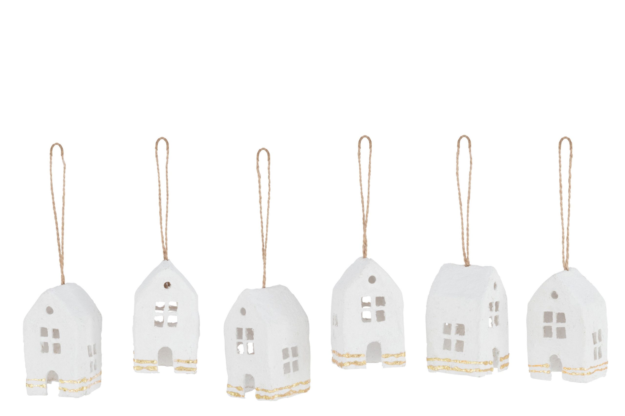 J-Line kersthanger Huis - katoen maché - wit/goud - doos van 6