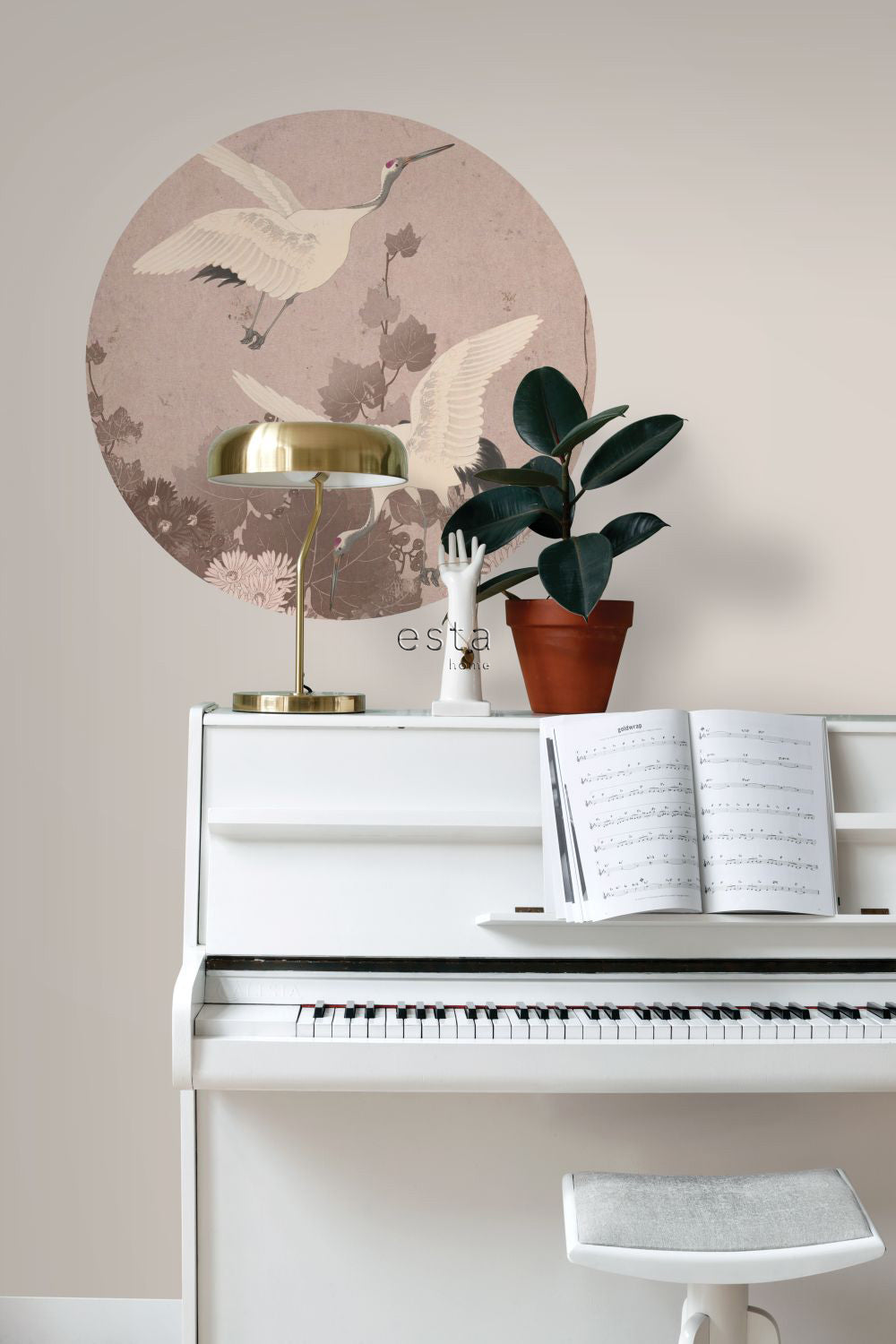 ESTAhome zelfklevende behangcirkel kraanvogels grijs roze - Ø 70 cm -