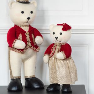 J-Line figuur Beer staand jongen/meisje – polyfoam/textiel – rood/goud