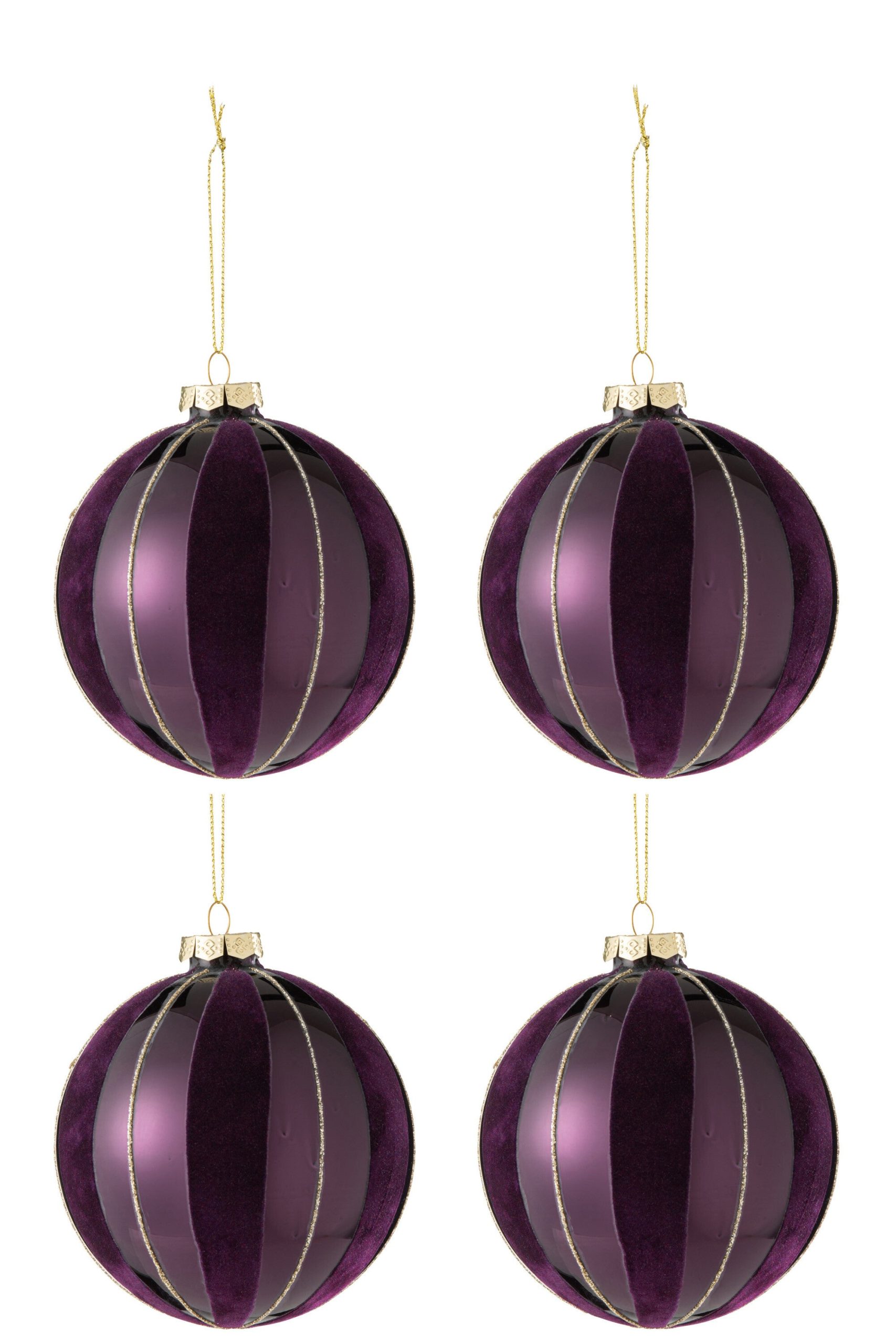 J-Line kerstbal - glas/fluweel - paars/goud - 4 stuks