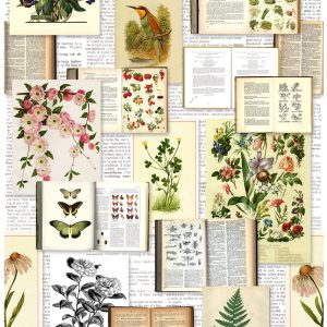 ESTAhome XXL behang bladzijden botanisch bloemen en planten boek geel ESTAhome XXL behang bladzijden botanisch bloemen en planten boek geel