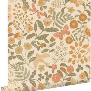 ESTAhome behang bloemen en vogels oranje en vergrijsd groen – 53 cm x ESTAhome behang bloemen en vogels oranje en vergrijsd groen – 53 cm x