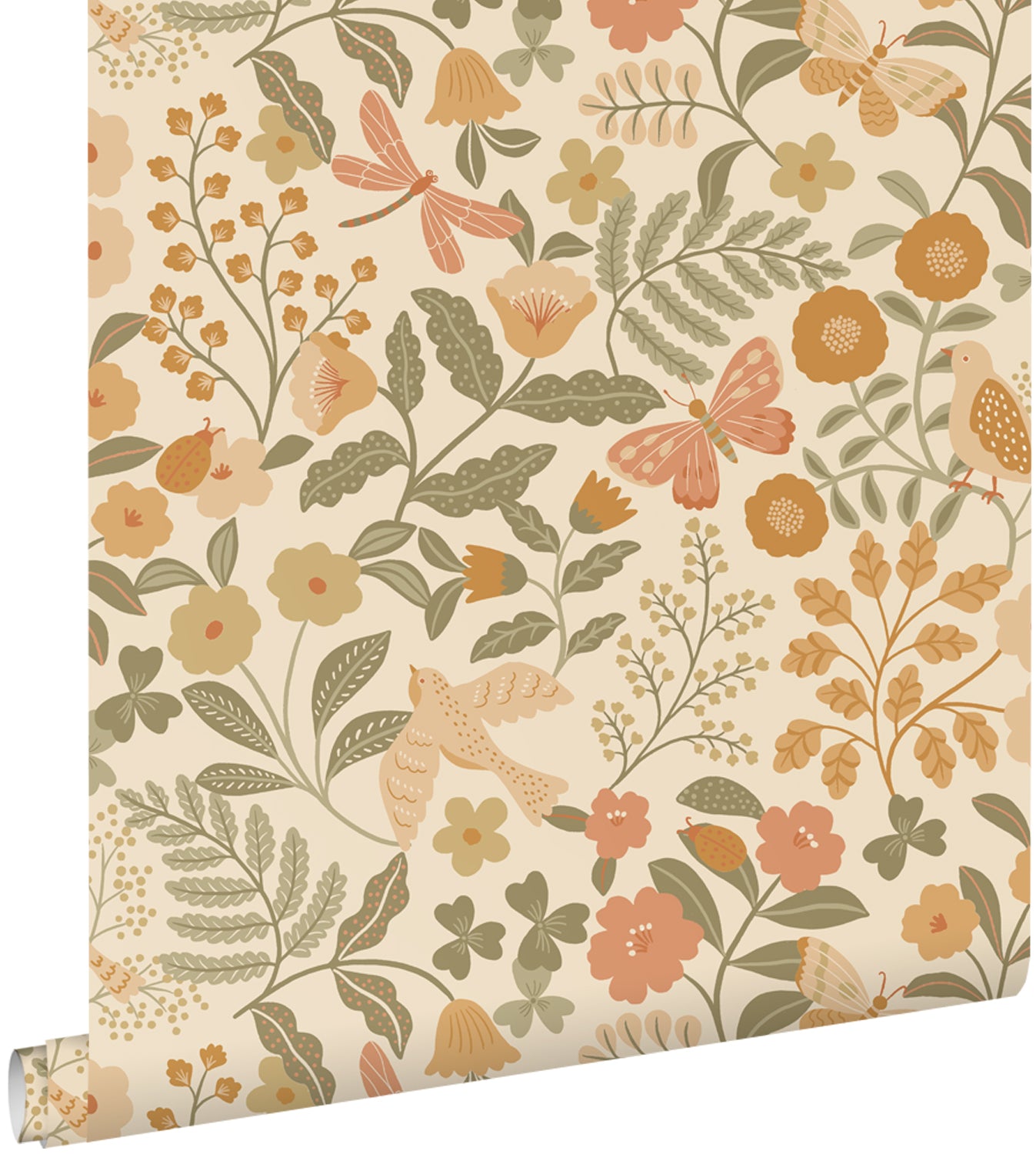 ESTAhome behang bloemen en vogels oranje en vergrijsd groen - 53 cm x