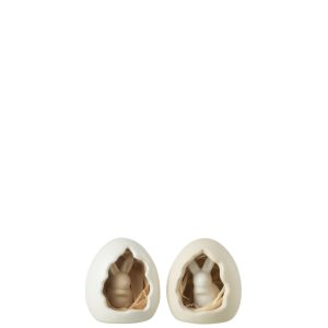 J-Line decoratie Konijn In Ei – porselein – wit/beige – small – 2 stuk