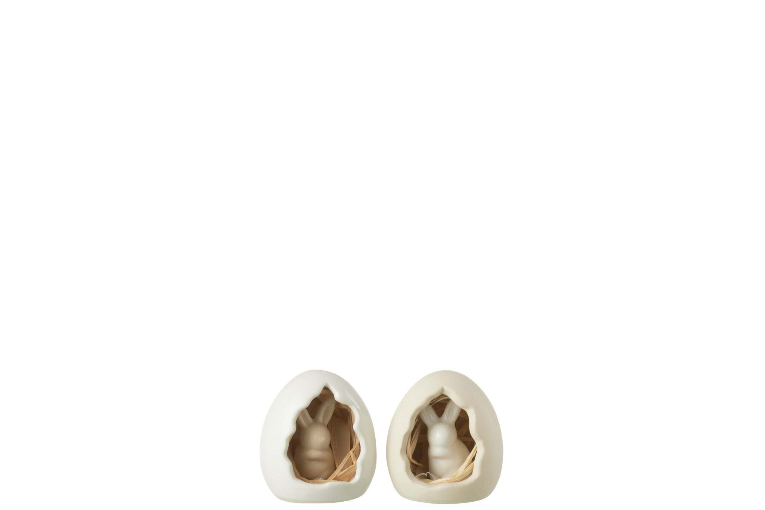 J-Line decoratie Konijn In Ei - porselein - wit/beige - small - 2 stuk